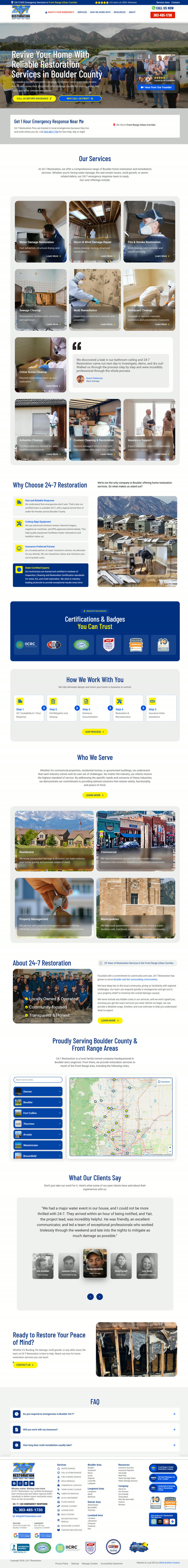 The rebuilt 24-7 Restoration homepage, scrolling from the hero down through the service sections to the footer