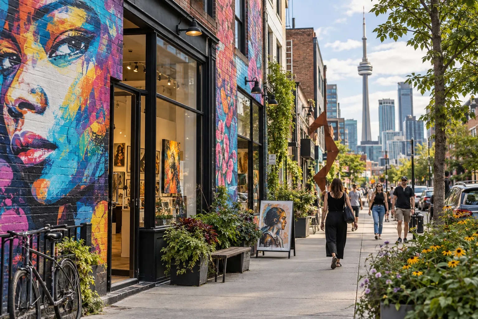 A colourful mural and gallery storefront on a sunny art district street
