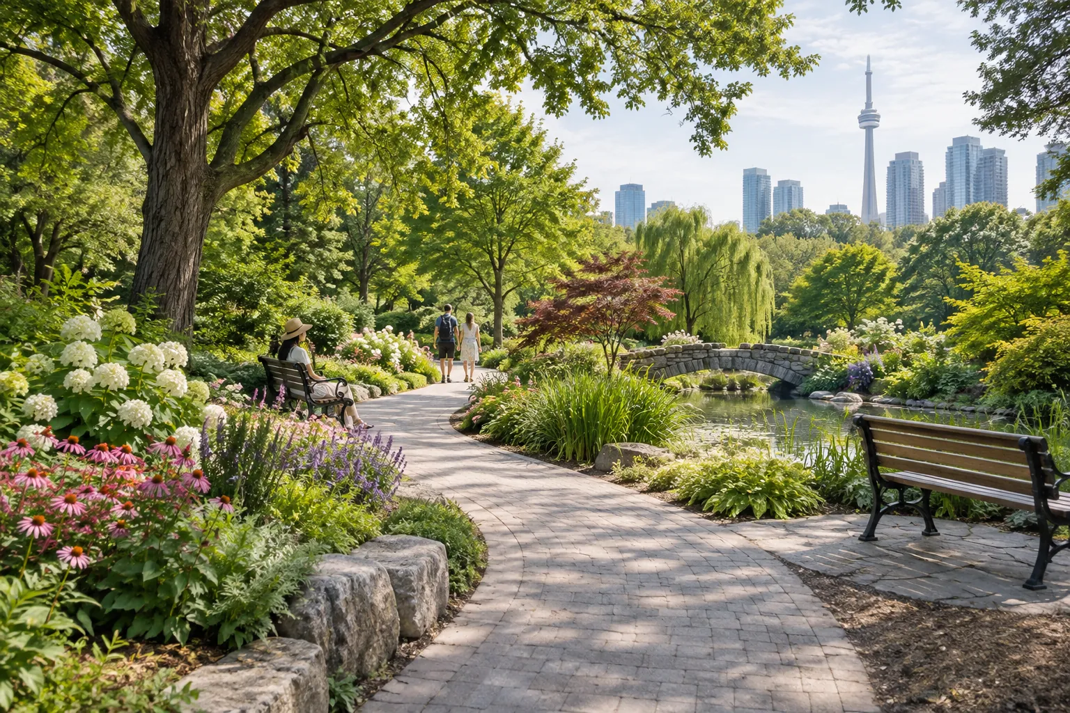A winding stone path through flower beds and trees in a city garden, with the skyline beyond