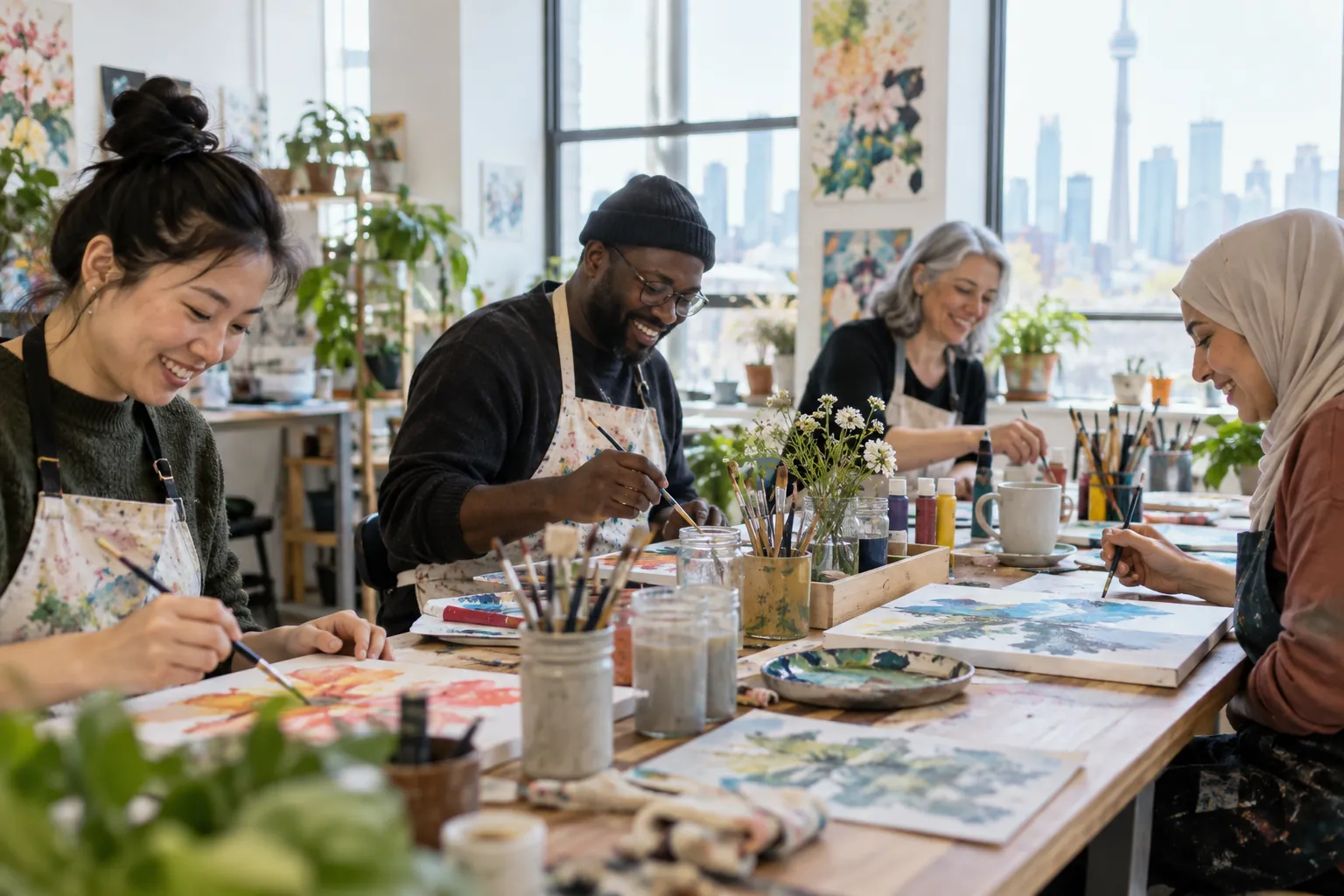 People painting watercolours together at a long table in a bright studio