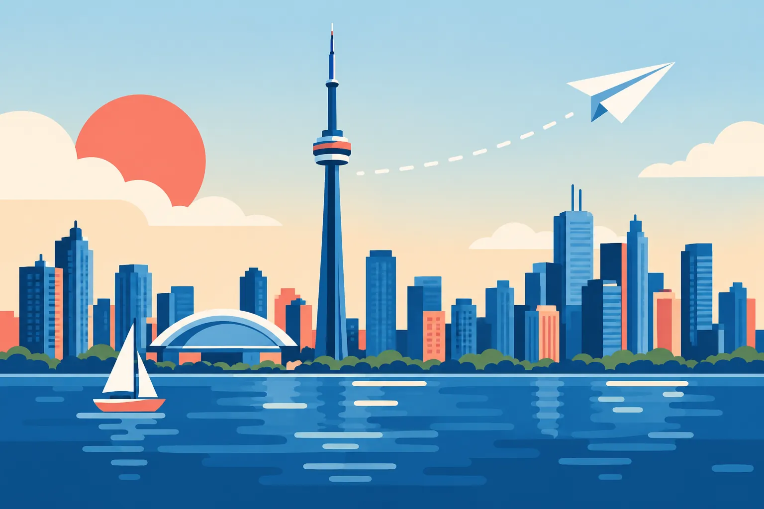 Illustration of the Toronto skyline and CN Tower across the lake, with a sailboat and a paper plane