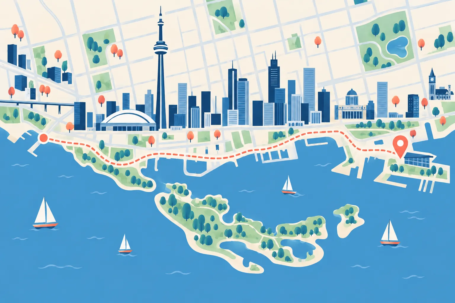 Illustrated map of the Toronto waterfront and islands, with a dotted route to a location pin