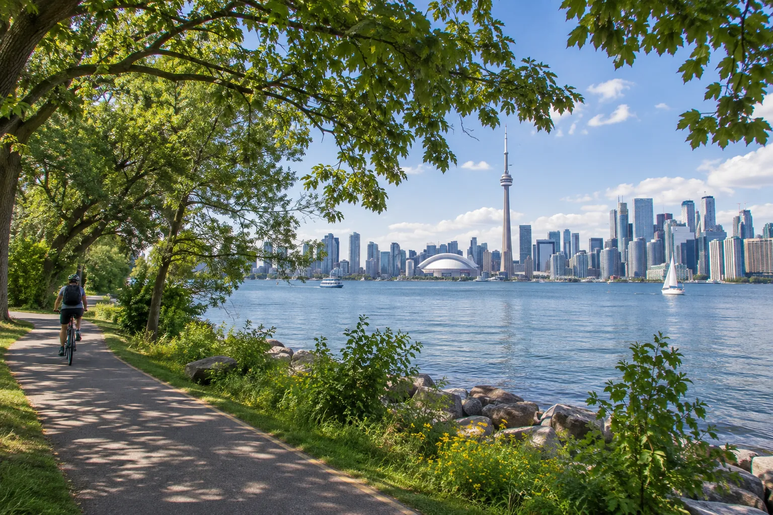 A cyclist on a shaded island trail beside the lake, looking across to the skyline