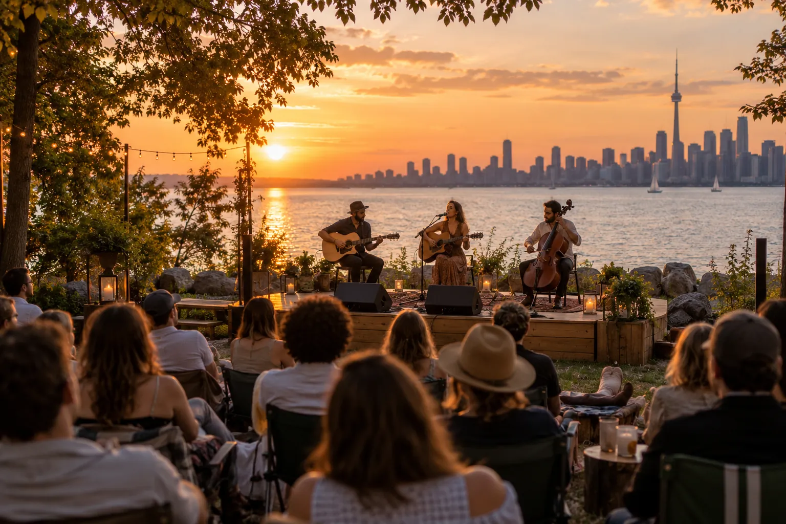 An acoustic trio performing for a seated crowd by the lake at sunset