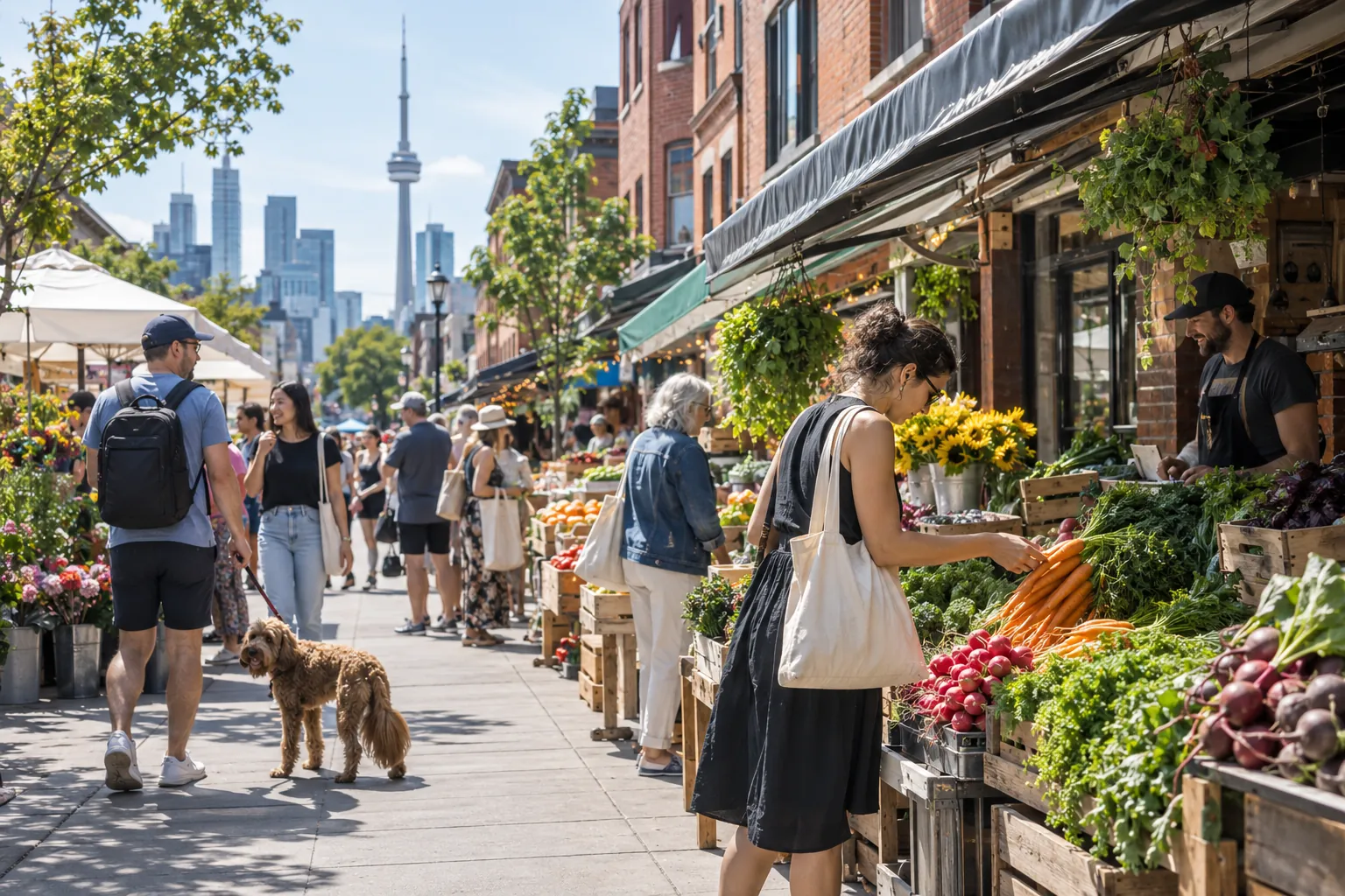 Shoppers browsing fresh produce and flowers at outdoor market stalls