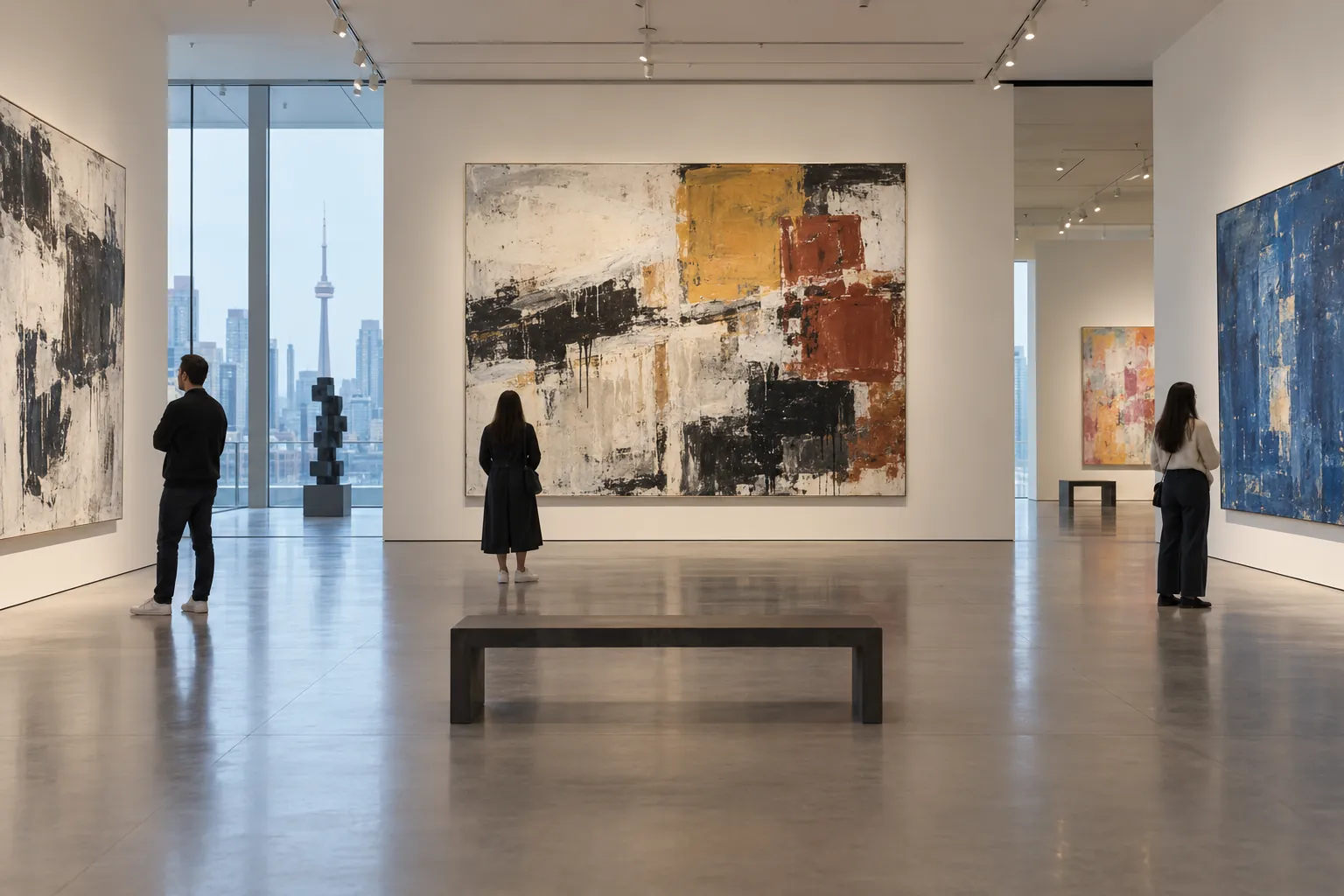 Visitors viewing large abstract paintings in a bright museum gallery