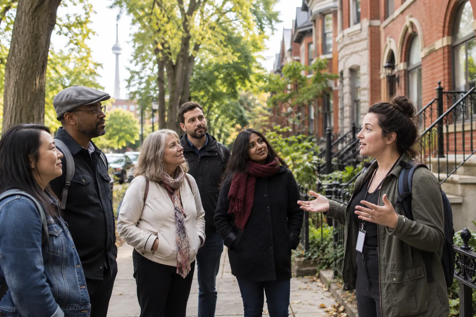 A guide talking with a small tour group on a leafy residential street
