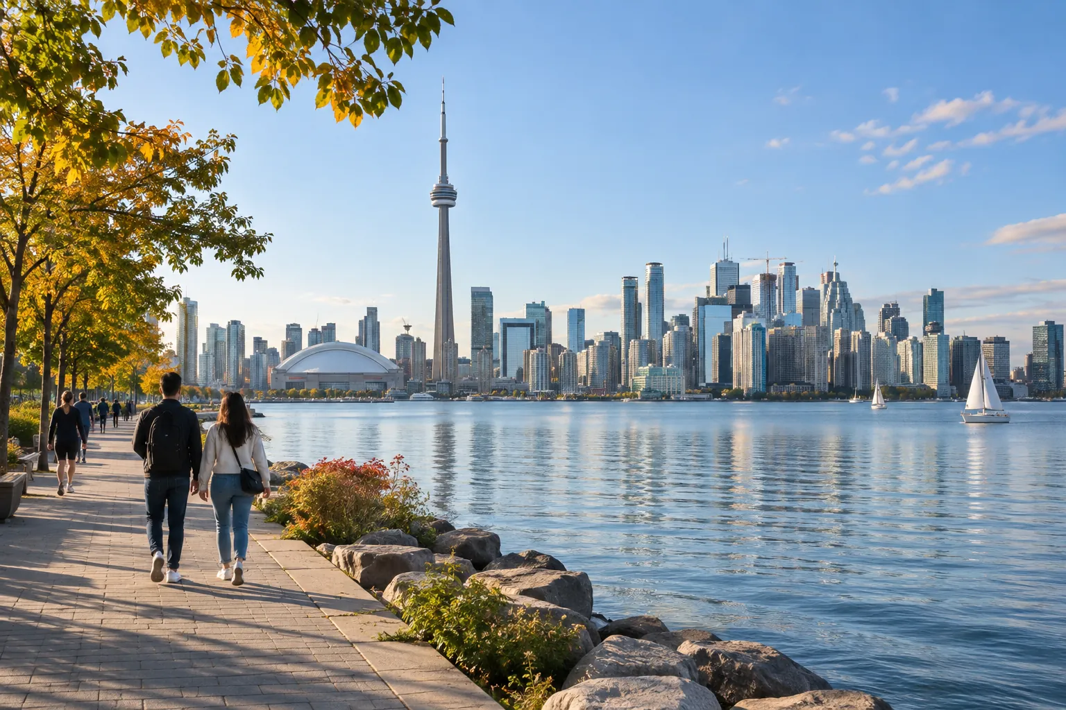 A couple walking a lakeside promenade on an autumn day, facing the Toronto skyline