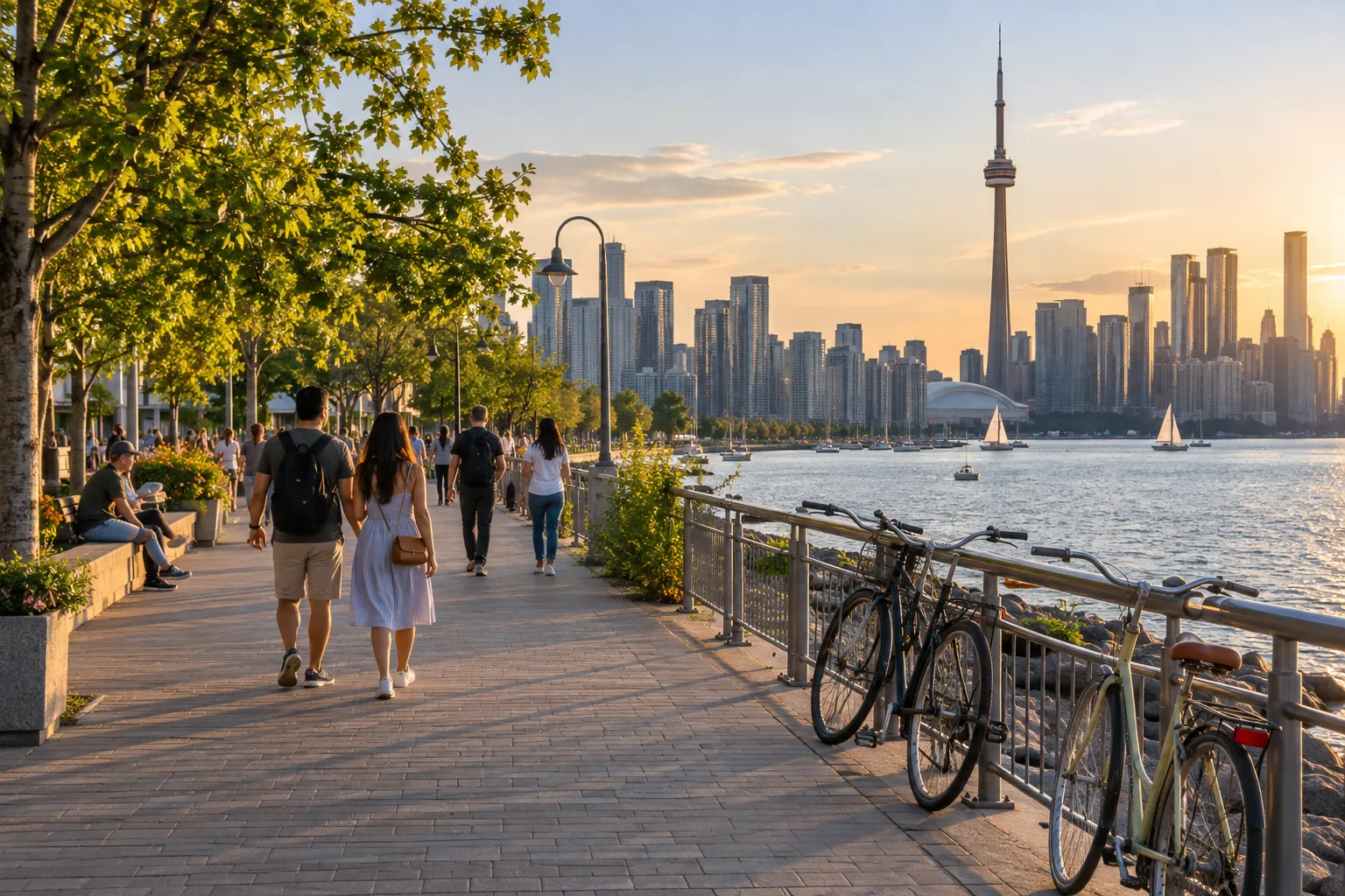 People strolling a tree-lined lakeside boardwalk at sunset, with the CN Tower on the skyline